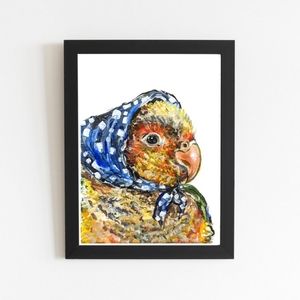 Pineapple Green Cheek Conure Art Print, Birdbushka Colorful Bird Illustration